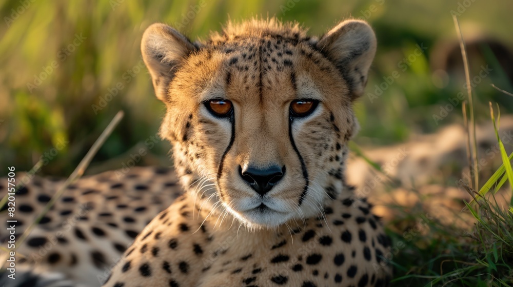 A cheetah seated in the grass, making direct eye contact with the camera A cheetah seated in the grass, making direct eye contact with the camera