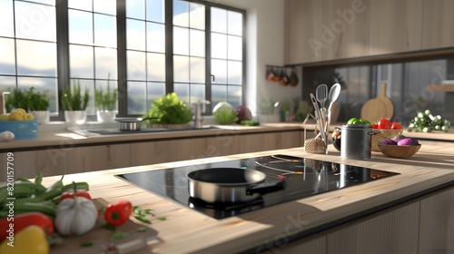Bright Modern Kitchen with Induction Cooktop  Fresh Ingredients  Scenic Window View Highlighting Natural Light