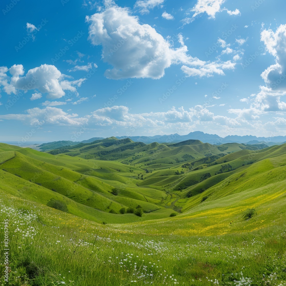 Serene Panorama: Verdant Meadow and Rolling Hills Serene Panorama: Verdant Meadow and Rolling Hills