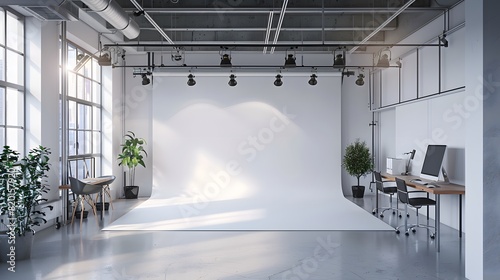 Well equipped photography studio, large windows, professional lighting gear, modern design on white background