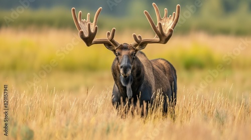 A large moose stands amidst tall grass in a field on National Wildlife Day