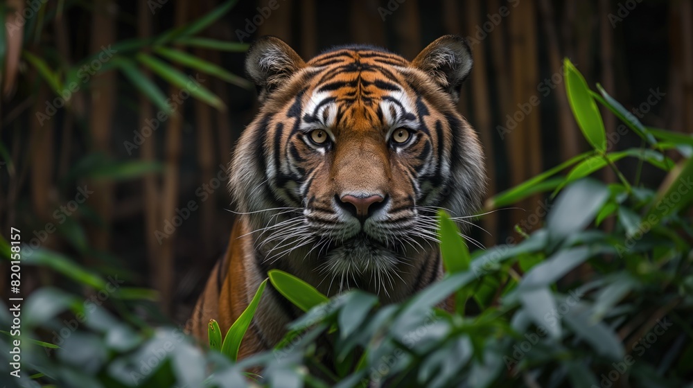 Fototapeta premium A tiger up close in a dense forest setting