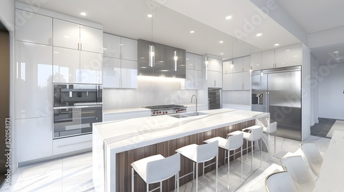 Chic modern kitchen featuring high end appliances, glossy white cabinets, central island with pendant lights