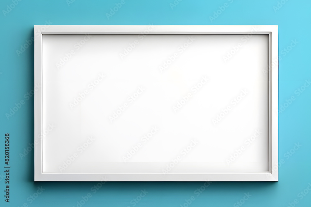 Blank white picture frame on blue background. 3d render illustration