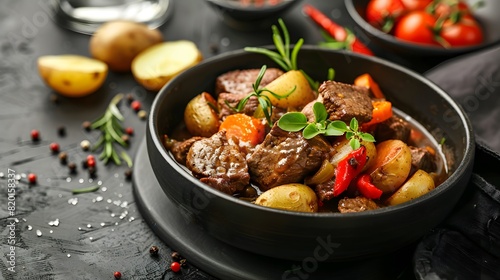 Classic Beef Stew, Hearty Beef Stew with Potatoes, Carrots, and Herbs in Black Bowl on Dark Background