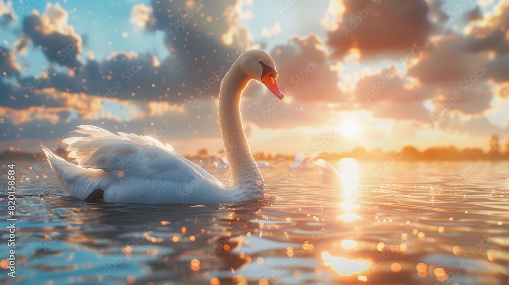 Fototapeta premium The Graceful Swan's Morning Dip