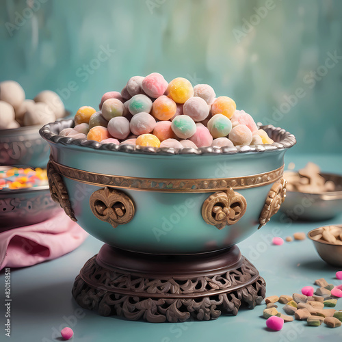 Luxurious Display of Chena Murki Sweet in an Elegantly Crafted Bowl, Against a Soft Pastel Backdrop with Intricately Designed Surface Embellishments. photo