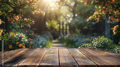 Beautiful spring background with a wooden table top in a garden with blooming flowers and green trees, sunlight bokeh, space for product display in the style of nature