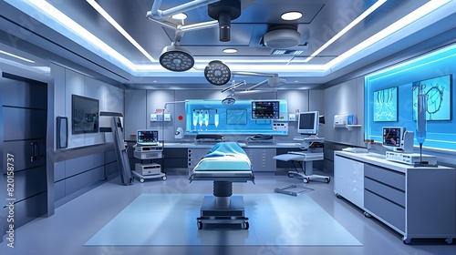 Futuristic Operating Room in Modern Medical Facility with Advanced Technology, Monitors, High Tech Surgical Equipment