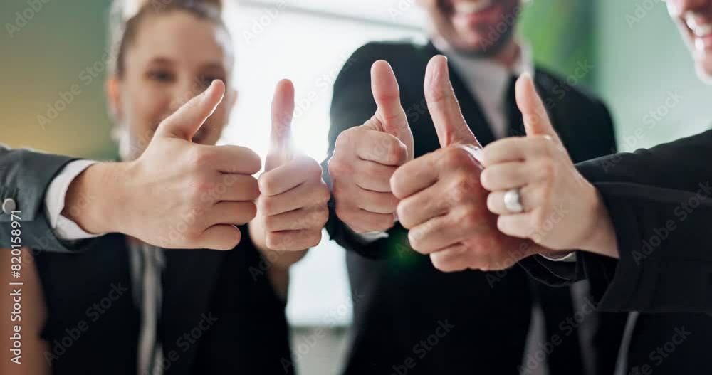 Thumbs up, teamwork and hands of business people in office for feedback, good news and agreement. Corporate, professional and men and women with gesture for thank you, support and collaboration Thumbs up, teamwork and hands of business people in office for feedback, good news and agreement. Corporate, professional and men and women with gesture for thank you, support and collaboration