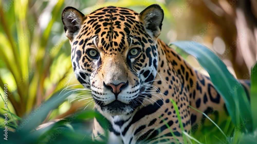 Close-up of a jaguar resting in the grass Close-up of a jaguar resting in the grass