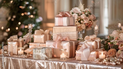 Elegant wedding table with stacked gift boxes wrapped in blush and ivory, adorned with ribbons, flowers, candles, sparkling crystal accents in luxurious setting © HY