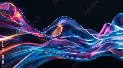 Abstract fluid 3D render with a black background and holographic  iridescent neon curved wave in motion
