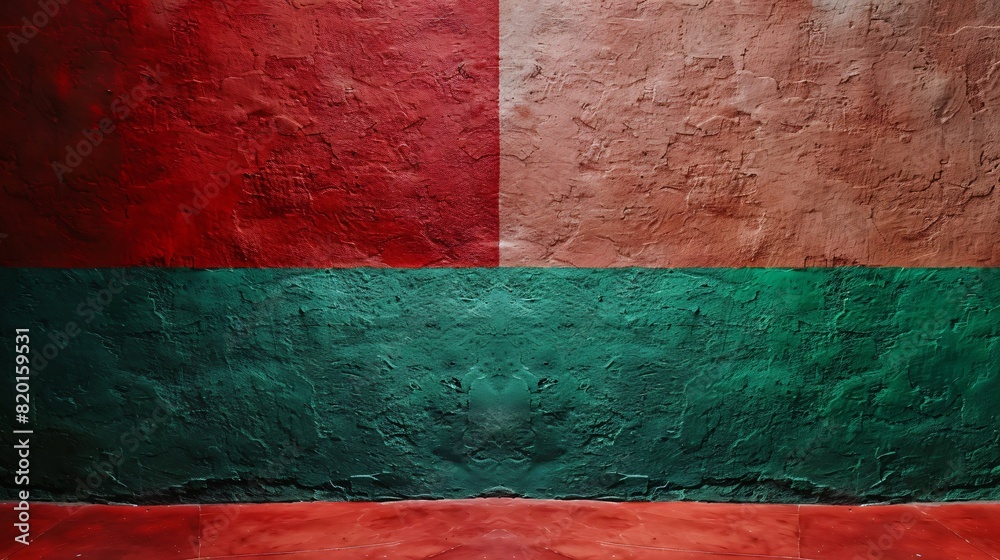 Front view of a red and green painted wall with brush marks