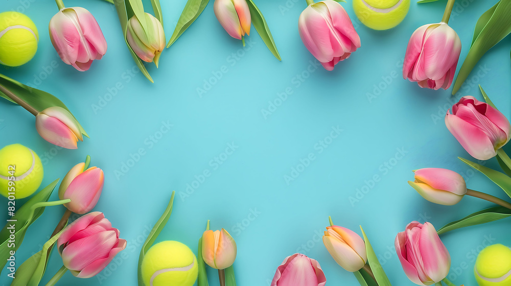 Tennis balls and beautiful tulips, background with copy space, copy space, space for text, Generative AI.テニスボールと美しいチューリップ、コピースペース付きの背景、コピースペース、テキスト用スペース、Generative AI。 Tennis balls and beautiful tulips, background with copy space, copy space, space for text, Generative AI.テニスボールと美しいチューリップ、コピースペース付きの背景、コピースペース、テキスト用スペース、Generative AI。
