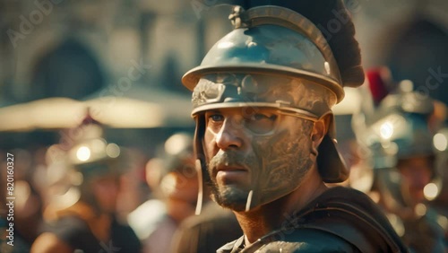 Close-up of Roman soldier in detailed metal helmet. Historical reenactment scene. photo