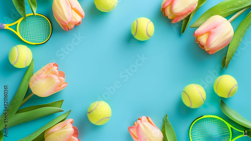 Tennis balls and beautiful tulips, background with copy space, copy space, space for text, Generative AI.テニスボールと美しいチューリップ、コピースペース付きの背景、コピースペース、テキスト用スペース、Generative AI。