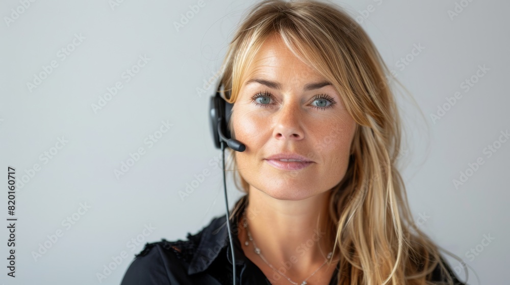 a portrait style photograph of a beautiful blonde customer service woman looking directly at the camera on a headset, white background a portrait style photograph of a beautiful blonde customer service woman looking directly at the camera on a headset, white background