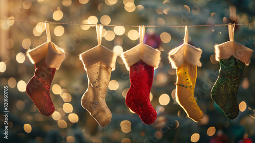 Five gleaming Christmas stockings suspended photo