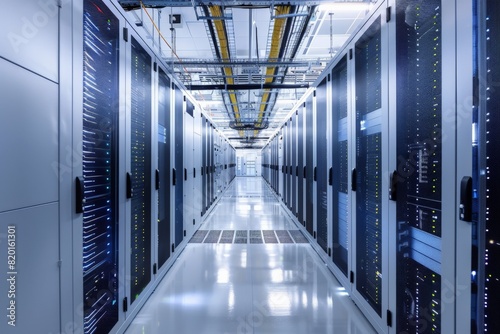 Rows of servers fill a long building hallway in a data center