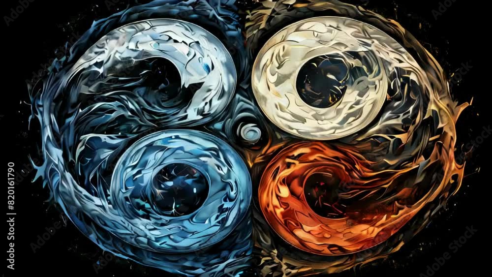 The four elements are fire, air, earth, and fire. painted animation of the interaction and balance of the elements in nature