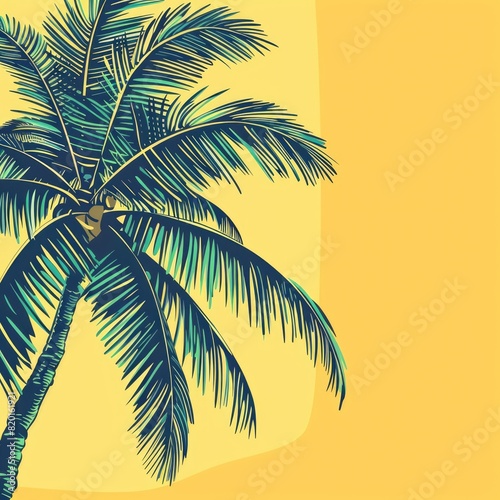 Palm tree with tropical leaves on a yellow background with a place for text. The concept of recreation  tourism and sea travel.