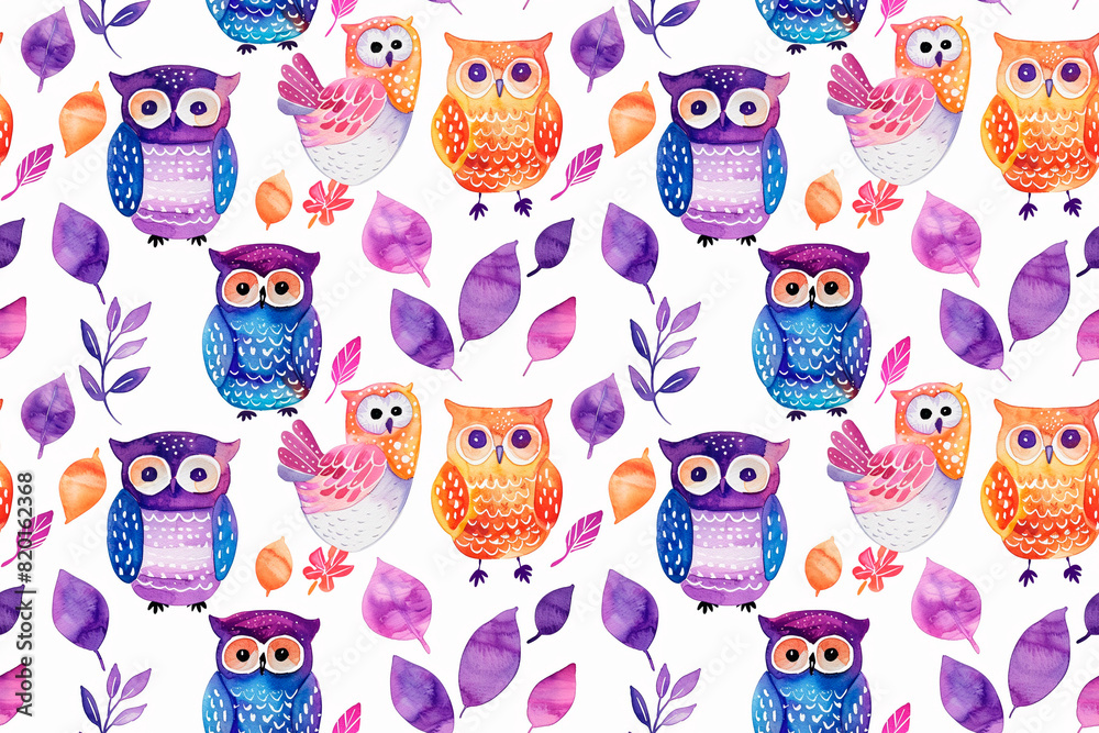 Seamless pattern with colorful owls and leaves on a white background. This decorative tile is perfect for children's room decor and playful themes. Seamless pattern with colorful owls and leaves on a white background. This decorative tile is perfect for children's room decor and playful themes.