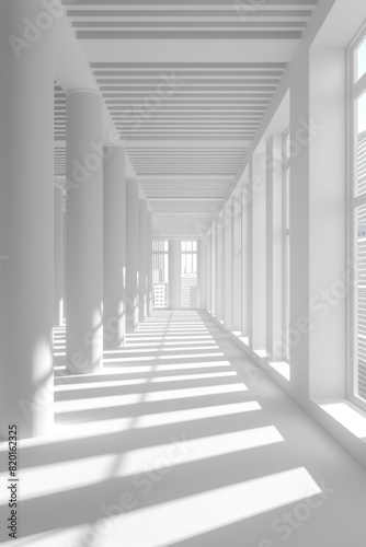 Elegant Hallway With White Columns and Windows