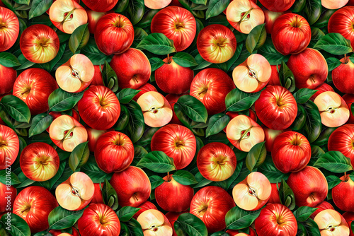 Seamless pattern of red apples with green leaves. Fresh and vibrant design perfect for healthy food decor and kitchen textiles.