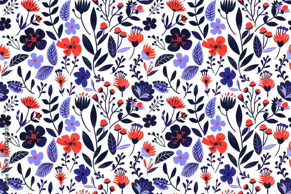 Fototapeta premium Bright floral pattern with red, blue, and purple flowers and leaves. Colorful and lively design ideal for spring decor, textiles, and cheerful projects.