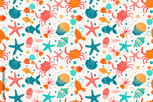 Seamless pattern with colorful sea creatures like crabs, starfish, and fish. Playful and vibrant design perfect for beach-themed decor and kids' textiles.