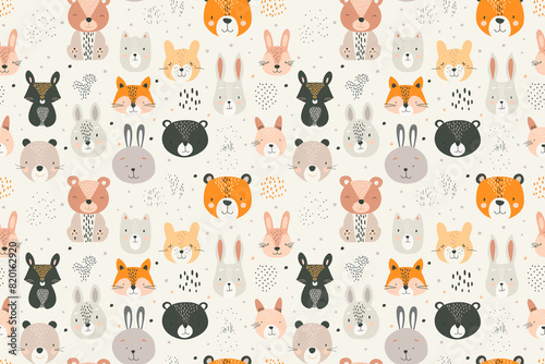 Wallpaper Mural Cute animal faces in a seamless pattern on a light background. Adorable design perfect for children's decor, textiles, and playful projects. Torontodigital.ca