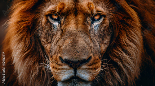 Close-up portrait of a majestic lion  Lion king isolated on black  African male lion headshot looking into camera  Generative Ai 