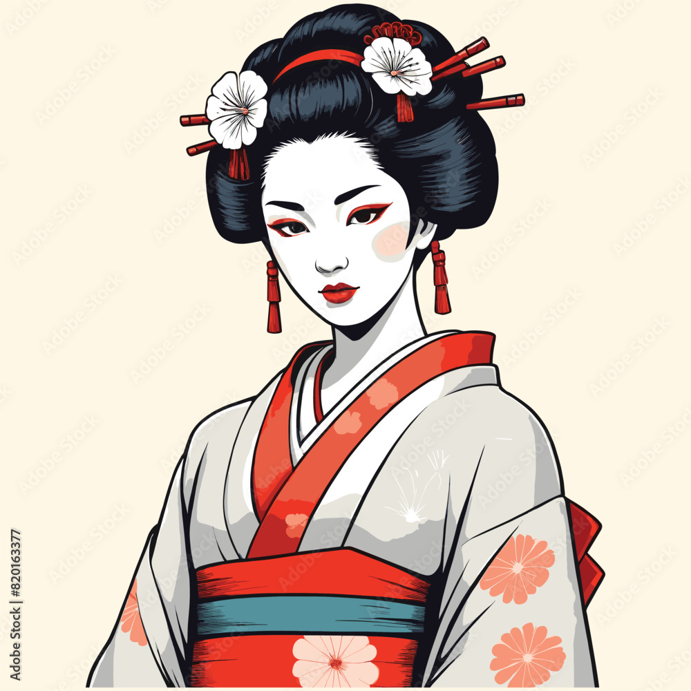 Japanese Pretty Kimono Geisha Girl Flat Illustration Hand Drawn Japanese Pretty Kimono Geisha Girl Flat Illustration Hand Drawn