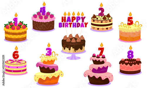 Birthday cakes set with candles and numbers for 1, 2, 3, 4, 5, 6, 7, 8 years, vector. Happy birthday candle.
