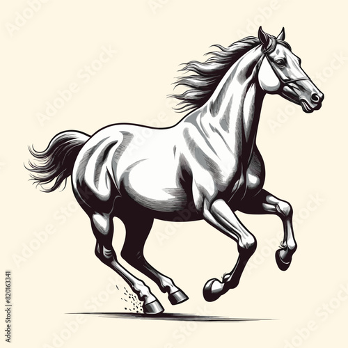Horse Running Illustration Vintage Engraved Style