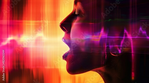 Abstract silhouette of a woman speaking with colorful sound wave visuals  representing voice technology  communication  and digital sound.