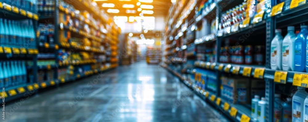 Blurred view of grocery store aisle with shelves stocked full of various products under bright lighting, showing modern retail environment. Blurred view of grocery store aisle with shelves stocked full of various products under bright lighting, showing modern retail environment.