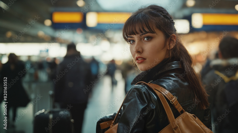 Young adult woman, 21-30, in black leather jacket, brunette long hair, pale face, traveling at airport or train station or shopping center, confused, disoriented, uncomfortable, dissatisfied, unhappy