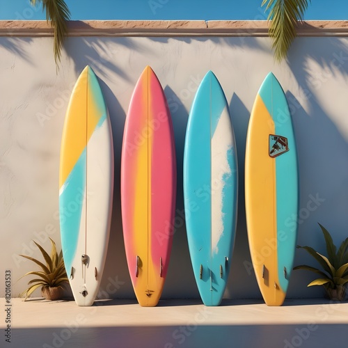  A row of colorful surfboards on a beach at sunset , with the sun setting over the ocean in the background