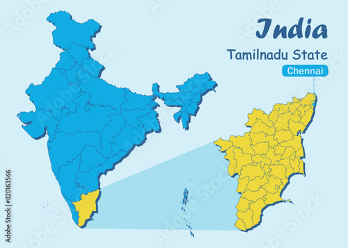 Tamil Nadu India vector map illustration. Tamil Nadu District vector map illustration. Tamil Nadu political outline. Illustration. India Map with Highlighted Tamil Nadu state. India Map.