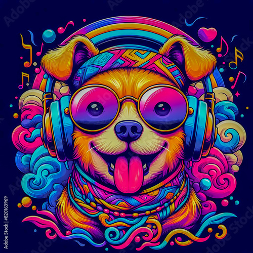 Vibrant colorful illustration of a dog wearing headphones listening to music