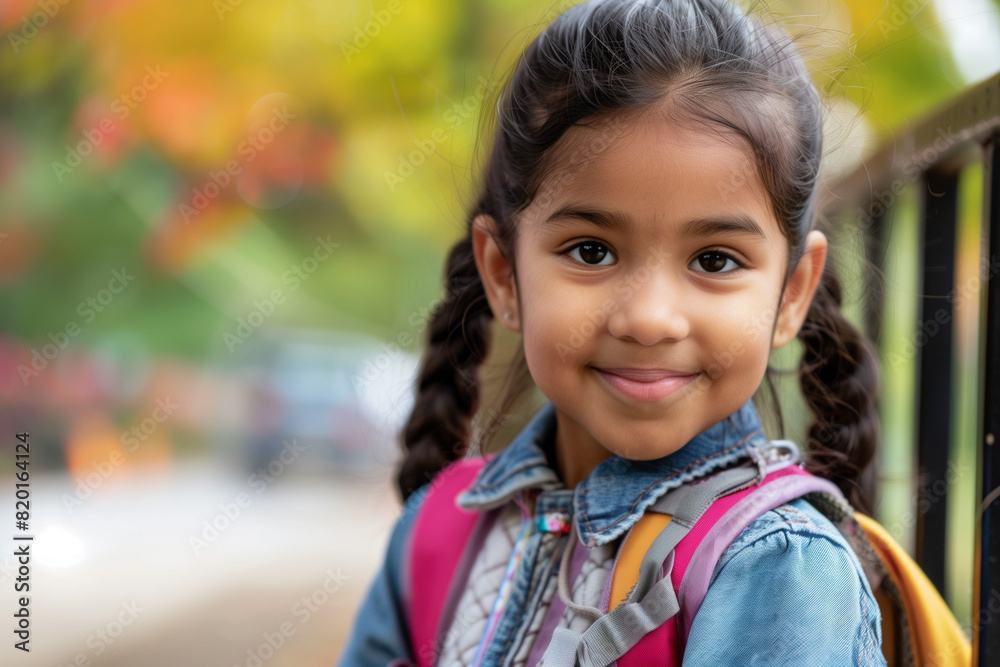 Happy Indian Girl with Backpack Outside Ready for Back to School or Hiking Adventure Happy Indian Girl with Backpack Outside Ready for Back to School or Hiking Adventure