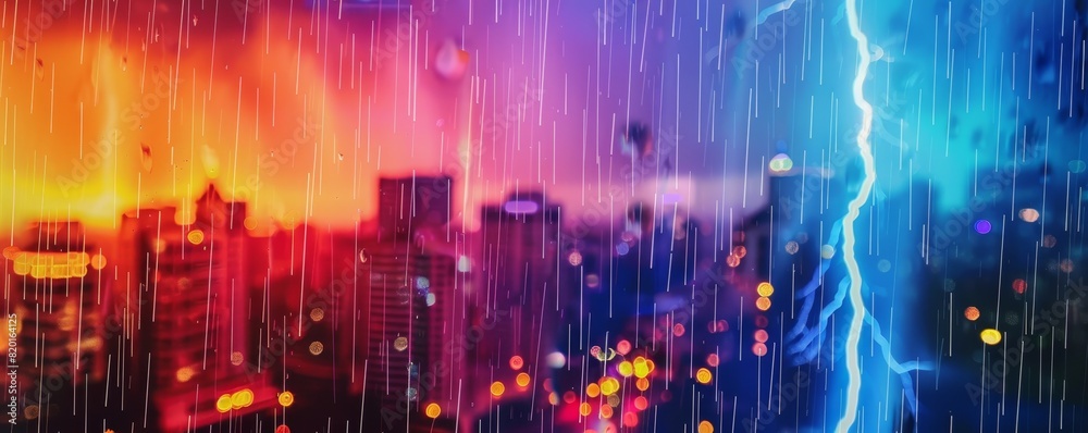 Dynamic cityscape under heavy rain with a striking lightning bolt, featuring vibrant and dramatic lighting effects.
