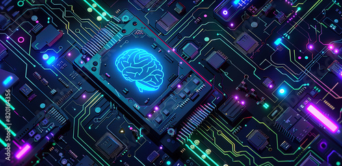 Futuristic Circuit Board with Illuminated Brain Icon - Artificial intelligence