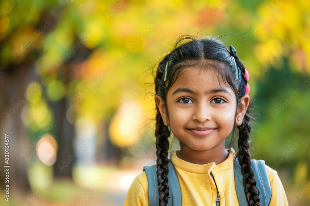 Happy Indian Girl with Backpack Outside Ready for Back to School or Hiking Adventure Happy Indian Girl with Backpack Outside Ready for Back to School or Hiking Adventure