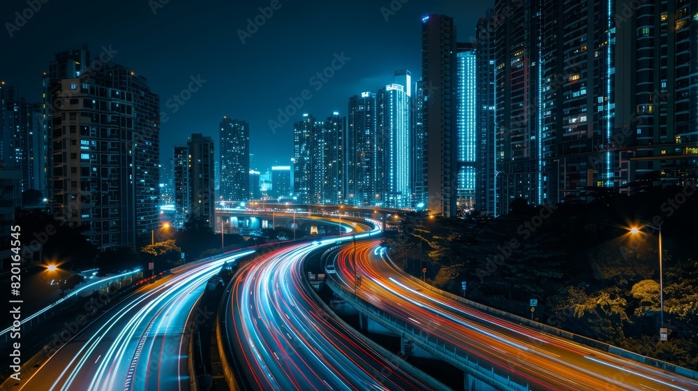 Night cityscape with light trails on busy highways, surrounded by illuminated modern skyscrapers in an urban setting. Night cityscape with light trails on busy highways, surrounded by illuminated modern skyscrapers in an urban setting.