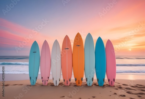  A row of colorful surfboards on a beach at sunset , with the sun setting over the ocean in the background