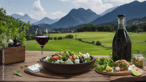 traditional homemade keto mediterranean meal with glass of red wine on a wooden table, beautiful farm fields in the background