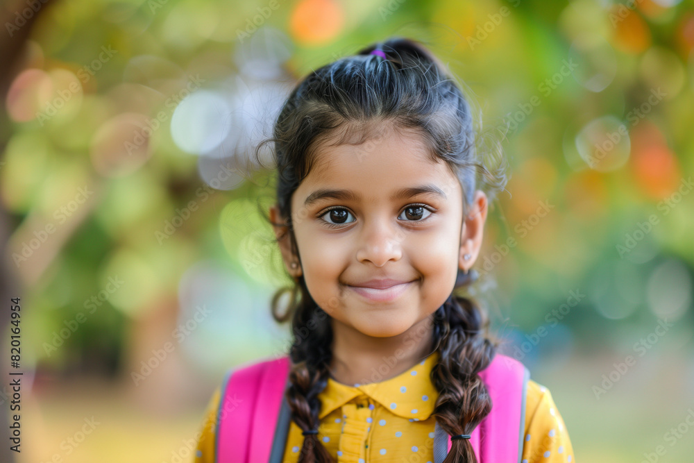 Happy Indian Girl with Backpack Outside Ready for Back to School or Hiking Adventure Happy Indian Girl with Backpack Outside Ready for Back to School or Hiking Adventure